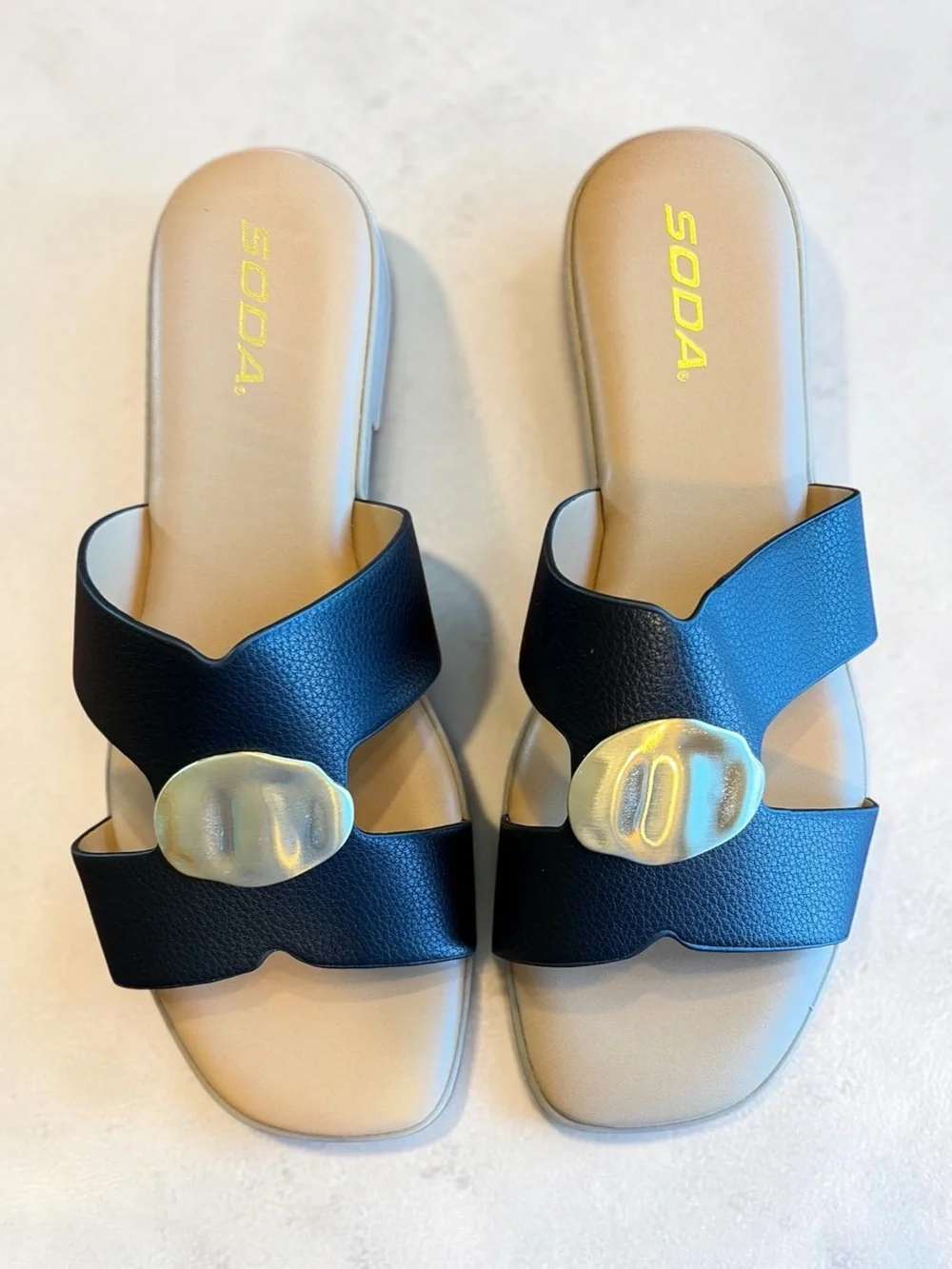 Soda Black Slide Sandals with Gold Buckle. Women’s Size 9